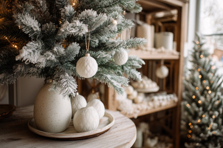A beautifully decorated Christmas tree features white ornaments amidst frosted branches, set in a warm indoor space filled with festive decor and soft lighting.の素材