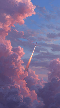 A rocket soars upward through a sky adorned with fluffy pink and orange clouds as the sun sets in the background, creating a stunning view of color and motion.の素材