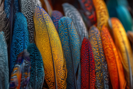 Various colorful feathers showcase vivid patterns and hues at a creative market. The bright colors attract visitors looking for unique craft materials and artistic inspiration.の素材