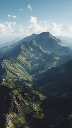 A stunning view of a mountain valley showcases vibrant green fields under a clear blue sky, surrounded by towering peaks and gentle slopes, depicting the beauty of nature in summer.の素材