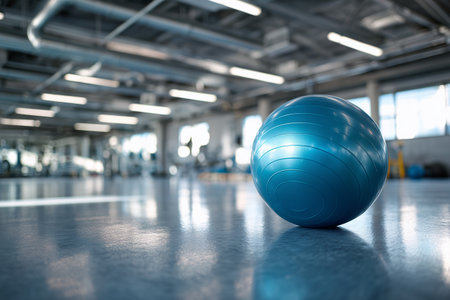 A blue exercise ball rests on the polished gym floor, surrounded by workout equipment in a bright fitness center. Natural light filters through large windows.の素材