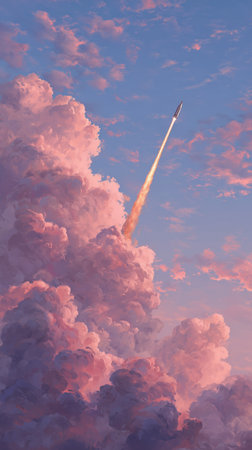 A rocket launches into a stunning sky filled with soft pink and purple clouds at dusk. The scene captures the beauty of space exploration and the wonder of the evening atmosphere.の素材