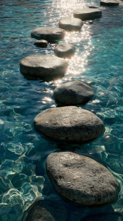Smooth stones form a pathway over sparkling clear water under sunlight, creating a tranquil atmosphere perfect for relaxation and reflection.の素材