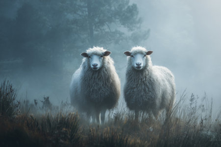 Two fluffy sheep are seen standing next to each other in a foggy meadow. The scene captures a serene early morning atmosphere with soft light filtering through the mist.の素材