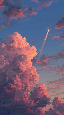 A rocket soars upward through a sky adorned with fluffy pink and orange clouds as the sun sets in the background, creating a stunning view of color and motion.の素材