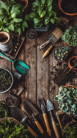 A wooden table holds various gardening tools alongside fresh herbs and potted plants, capturing a vibrant day of planting and nurturing green life.の素材