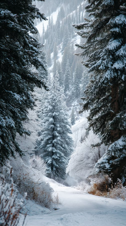 A peaceful trail winds through a snow-covered forest, surrounded by tall trees. Soft snow blankets the ground, creating a tranquil winter atmosphere.の素材