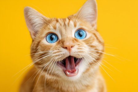 A cheerful orange cat with striking blue eyes is playfully meowing. Its expression shows excitement against a vibrant yellow backdrop, creating a lively scene.の素材