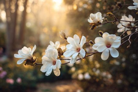 Magnolia flowers bloom, showcasing white petals and delicate details, in a tranquil garden setting during sunset in early spring, surrounded by soft, glowing light.の素材