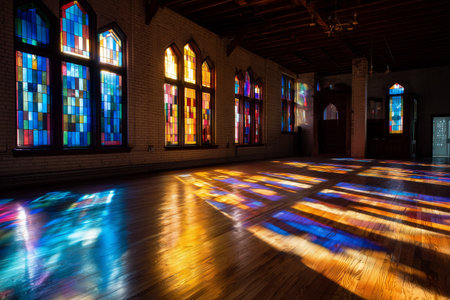 Sunlight filters through vibrant stained glass windows, casting colorful patterns on the wooden floor of a historic hall during the afternoon. The atmosphere feels warm and inviting.の素材