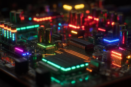 Close-up view of a vibrant circuit board illuminated with multicolored lights. Various electronic components can be seen shining in a dark setting, creating a striking visual effect.の素材