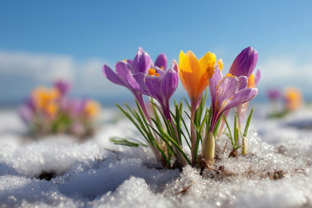 Crocuses with vibrant yellow and purple petals emerge from snow as winter fades. The clear sky creates a beautiful backdrop, signaling the arrival of spring in nature.の素材