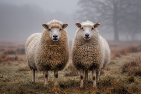 Two fluffy sheep are seen standing next to each other in a foggy meadow. The scene captures a serene early morning atmosphere with soft light filtering through the mist.の素材