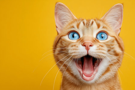 A cheerful orange cat with striking blue eyes is playfully meowing. Its expression shows excitement against a vibrant yellow backdrop, creating a lively scene.の素材