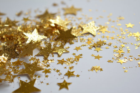Shiny gold star-shaped confetti scattered across a white surface brings a cheerful touch to parties and events, enhancing the festive atmosphere with a twinkling effect.の素材