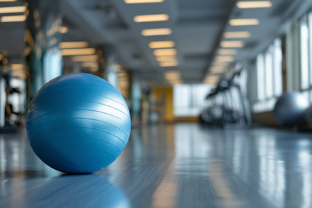 A blue exercise ball rests on the polished gym floor, surrounded by workout equipment in a bright fitness center. Natural light filters through large windows.の素材