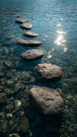 Large stones create a pathway over calm, clear water, reflecting sunlight. The scene captures a serene atmosphere in a picturesque natural landscape.の素材