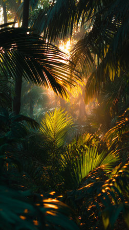 Golden sunlight shines through dense palm leaves in a tropical rainforest. The scene captures a serene morning moment as nature awakens in the rich greenery.の素材