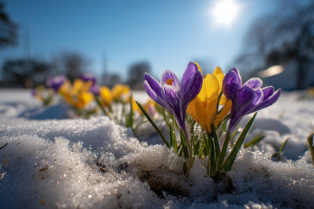 Bright crocuses in purple and yellow emerge from melting snow under a clear blue sky. The scene captures the beauty of spring as flowers break through winters grip.の素材
