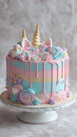 A beautifully crafted unicorn cake features pastel colors, a shimmering drip effect, and whimsical decorations, perfect for a birthday celebration. The cake showcases creativity and fun.の素材