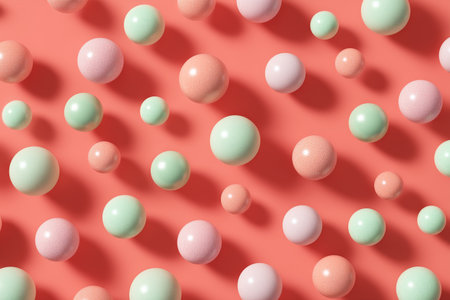 A variety of colorful spheres in mint green, soft pink, and white float across a coral background, casting shadows and creating a cheerful and artistic atmosphere.の素材
