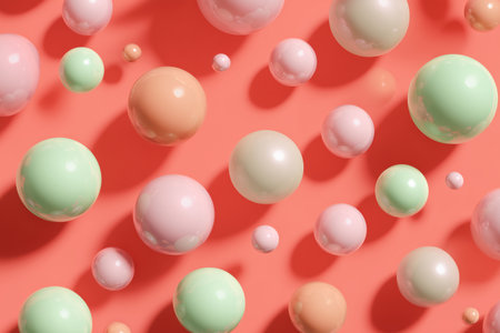 A variety of colorful spheres in mint green, soft pink, and white float across a coral background, casting shadows and creating a cheerful and artistic atmosphere.の素材