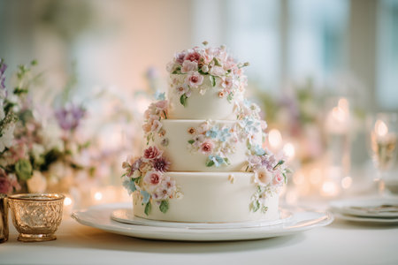 A beautiful three-tier wedding cake sits on a table, decorated with delicate pink and white flowers. The soft glow of lights creates a romantic atmosphere for the celebration.の素材
