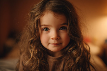 A young girl with long curly hair gazes softly at the camera, her expression calm and curious. Warm light from a nearby source creates a cozy atmosphere in the room.の素材