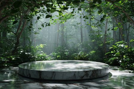 A serene garden scene features a circular stone platform surrounded by lush trees and dancing leaves. Soft sunlight filters through the branches, creating a magical atmosphere.の素材