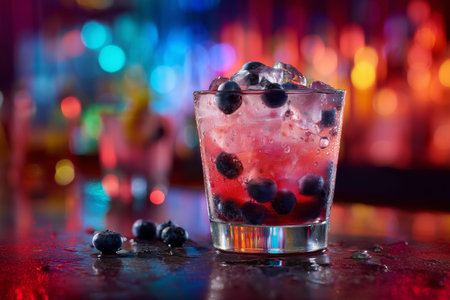 A glass cocktail filled with ice and fresh blueberries sits on a bar countertop. Colorful lights create a lively atmosphere in the background during the evening hours.の素材