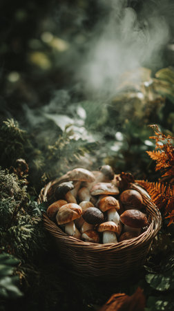 A woven basket filled with various mushrooms sits on the forest floor surrounded by fallen leaves and greenery, capturing the essence of autumn in a quiet woodland.の素材