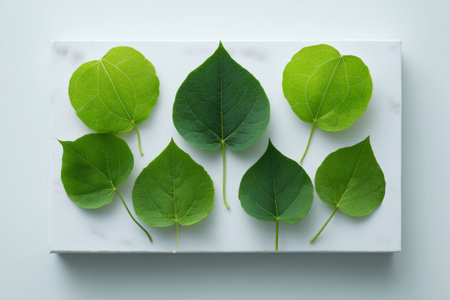 A display of various green leaves featuring different shapes and shades arranged neatly on a white marble surface, showing their natural beauty and diversity.の素材