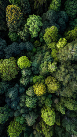 An aerial view reveals a vibrant forest filled with diverse shades of green. Sunlight filters through the leaves, highlighting the rich textures and shapes of the trees.の素材