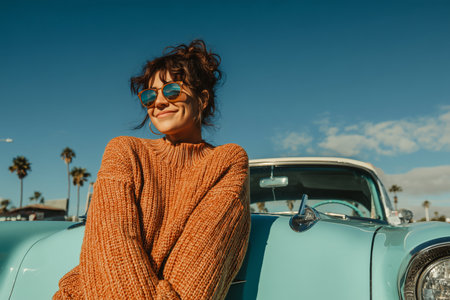 Bright sunlight illuminates a woman wearing sunglasses and a cozy sweater while she poses next to a vintage car. Palm trees and blue skies add to the cheerful atmosphere.の素材