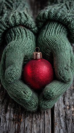 Two gloved hands gently hold a bright red Christmas ornament. The scene captures the cozy essence of the holiday season with natural wood tones and festive cheer.の素材