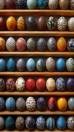 The display features an array of 36 colorful decorative eggs, each with unique patterns and designs, arranged neatly on a wooden surface in bright lighting.の素材