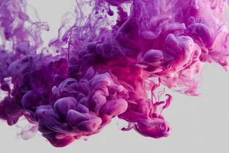 Colorful smoke in shades of purple and pink floats gracefully in the air, creating an abstract and mesmerizing pattern. Soft wisps blend together, forming a beautiful spectacle.の素材