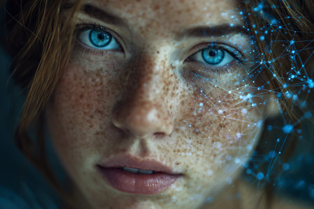 A young woman with striking blue eyes and freckles gazes directly at the viewer. The dark background enhances the digital glow surrounding her, creating a mysterious atmosphere.の素材