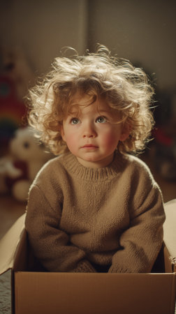 A young child with curly hair sits quietly in a cardboard box. Soft light highlights their thoughtful expression, creating a serene atmosphere in a cozy indoor setting.の素材