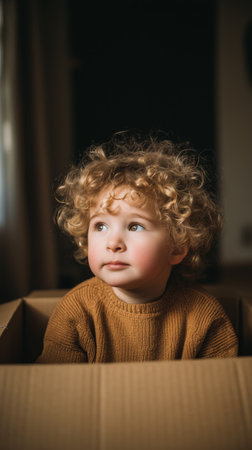 A young child with curly hair sits inside a cardboard box, looking thoughtfully to the side. The cozy indoor space is softly lit, creating a warm atmosphere.の素材