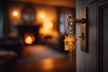 A decorative key shaped like a house hangs in a door lock, while a warm glow from a fireplace illuminates a cozy living room in the background, creating an inviting atmosphere.の素材