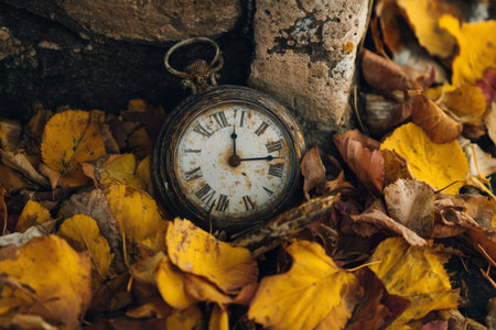 An antique pocket watch rests on a blanket of yellow autumn leaves, next to a rugged stone wall. The tranquil scene captures the beauty of fall and timelessness of the watch.の素材