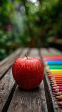 A bright red apple sits on a wooden table beside a row of colorful pencils. The background features lush greenery, creating a lively, creative atmosphere.の素材