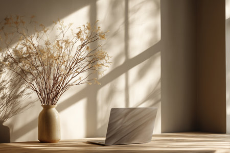 Sunlight filters through windows, highlighting a simple desk setup with a laptop and a vase of dried flowers, creating a serene atmosphere perfect for productivity.の素材