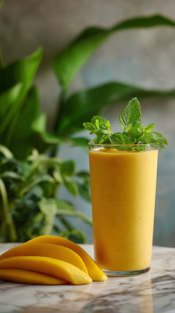 A tall glass of mango smoothie is served with fresh mint leaves on top. Slices of ripe mango are placed beside the glass on a marble table, highlighting a tropical and healthy treat.の素材
