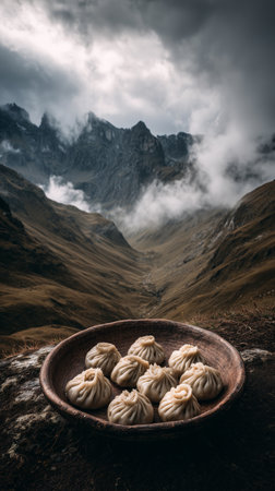 Dumplings sit on a wooden platter, showcasing local cuisine in a remote mountainous area. Dark clouds loom over the peaks, creating a dramatic atmosphere in the serene setting.の素材
