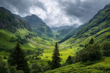 A vibrant valley filled with green trees and grass sits between tall mountains. The sky is mostly cloudy, creating a serene atmosphere in this natural landscape.の素材