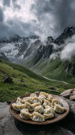 Dumplings sit on a wooden platter, showcasing local cuisine in a remote mountainous area. Dark clouds loom over the peaks, creating a dramatic atmosphere in the serene setting.の素材