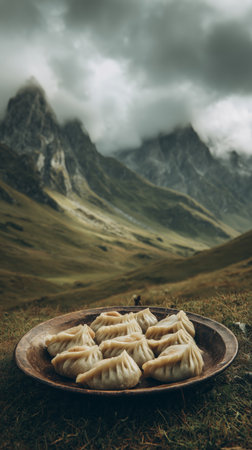 Delicious dumplings rest on a plate, surrounded by stunning mountains under a dark and moody sky. The scene captures natures beauty and delight culinary.の素材