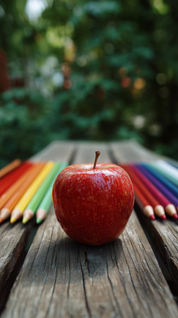 A vibrant red apple sits centered on a rustic wooden table, surrounded by an array of colorful pencils in a lush garden. The scene captures a creative and playful atmosphere.の素材